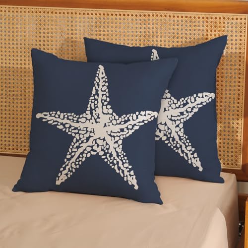 Navy Blue Coastal Pillow Covers 16x16 Inch 2 Pcs Summer Sea Starfish Decor Throw Pillows Nautical Beach Ocean Themed Outdoor Holiday Decoration Pillowcase Linen Cushion Cover for Couch Sofa - color: Starfish Navy Blue, size: 16" x 16" (Pack of 2)