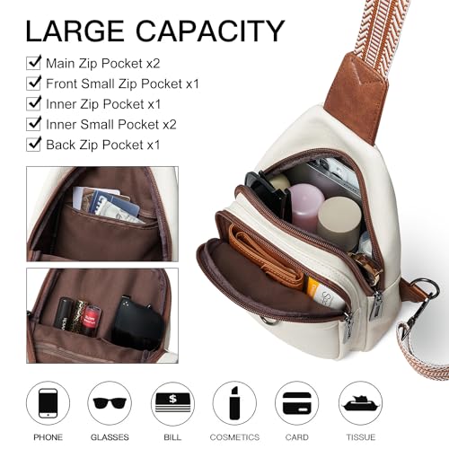 LATMAP 7L Sling Bag for Women Men Crossbody Belt Bag Small Travel Sling Backpack Anti Theft Chest Daypack Purse Faux Leather - color: Beige