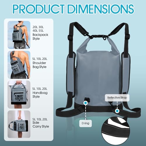MORXPLOR Dry Bag Waterproof,5L/10L/20L/30L/40L/55L Roll Top Dry Bag Backpack with WaterProof Phone Case for Swim,Kayak - color: Middle Grey, size: 10Liter