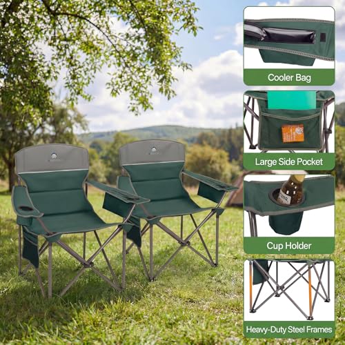 Oversized Camping Chairs 2 Pack - Heavy Duty 400LBS Padded Lawn Chair with Cooler Bag,Cup Holder,Side Pocket,Collapsible for Outdoor,Camp,Fishing & Garden,Dark Green - color: Dark Green