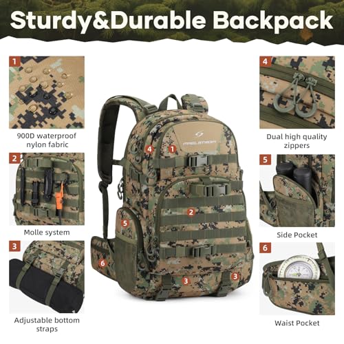 Maelstrom Tactical Backpack for Men, Water Resistant 40L Military Bag | Molle System, 900d Polyester, Laptop Pocket, Load Compression, Tripod Straps, For Hunting, Travel, Hiking,Gym, Camping - color: E.woodland Camo