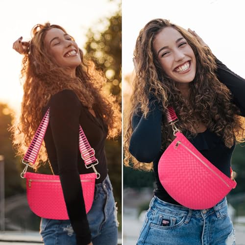 Woven Crossbody Bags for Women Leather Belt Bum Sling Purse Fanny Waist Pack Chest Shoulder Bag for Women-Pink - color: Hot pink