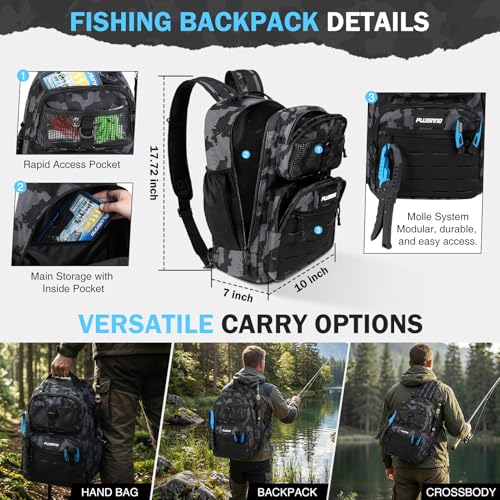 PLUSINNO Fishing Gear, Fishing Backpack with Fishing Rod, Tackle Box, Waterproof Tackle Backpack with Rod Holders,Lures, Tools, Pliers & Accessories, Fish Gifts for Men - color: Fishing Backpack with Fishing Rod and reel combo fishing gear