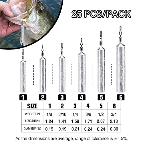 Atibin Drop Shot Fishing Weight Sinker Freshwater Casting Fishing Weights Lead Saltwater Shot Drop Rig Weights Cylinder Skinny - size: Size5 (1/2oz.) 25 pcs
