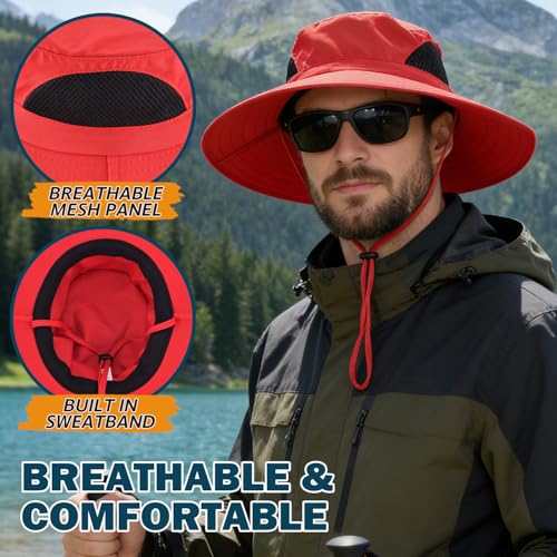 Wide Brim Sun Bucket Hat, Waterproof Boonie Hat for Men & Women | UPF 50+ UV Protection, Adjustable Fit, Chin Strap & Sweatband, Foldable Durable for Fishing Hiking Garden Beach - color: 01 Red