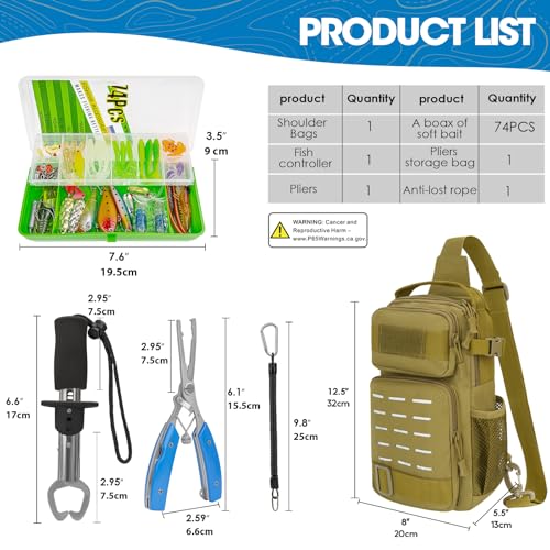 THKFISH 79 Pcs Fishing Tool Kit, Fishing Backpack with Tackle Boxes Fishing Pliers Kit Fishing Bait Lure Gear Kit Include Fish Hook Remover, Fishing Lures, Lip Gripper - color: Camouflage