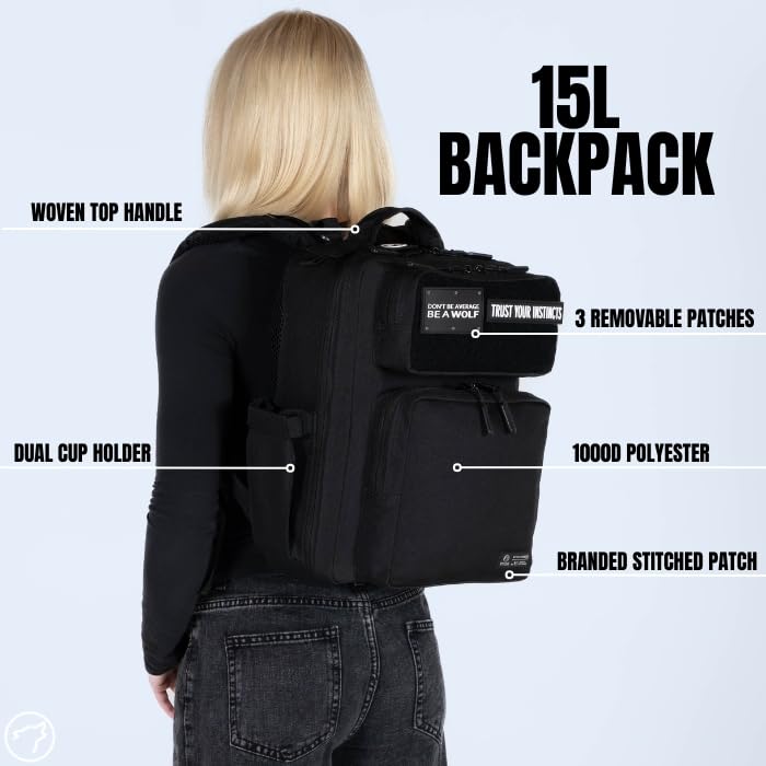 WOLFpak 15L Slim Tactical Gym Backpack - Durable 1000D Waterproof Oxford Material | Minimalist Daypack w/Laptop Pocket & Dual Cup Holders | Great for Travel & Everday Carry | (Alpha Black) - color: Alpha Black