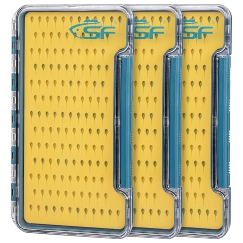 SF 3Pcs Slim Fishing Box Thin Trout Flies Plastic Clear Lid Yellow Silicone Waterproof Fly Fishing Box Large - style: Large-3PCS