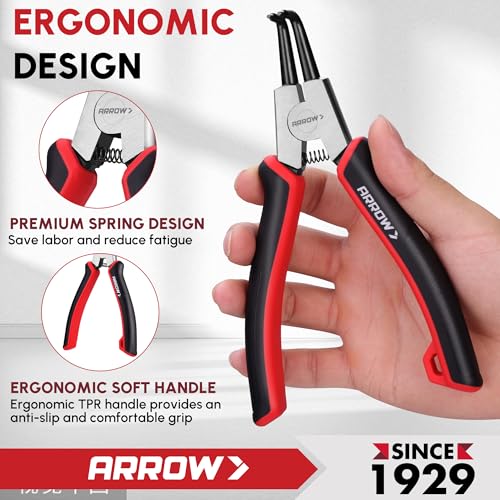 ARROW Snap Ring Pliers Set, 4-Piece Heavy Duty 7-Inch Internal/External Circlip Pliers with Straight & Bent Jaws, CR-V Steel, Spring-Loaded Precision C-Clip Removal Tool with Storage Pouch