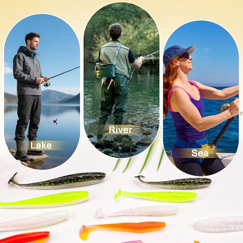 30pcs Soft Plastic Fishing Lures Paddle Tail Swimbaits Soft Baits Lure for Bass Crappie Trout Shad Freshwater Saltwater Fishing Mixed 3.5 Inch 4.7 Inch Swim Bait Kit with Box - color: White, Black, Pink, Orange, Yellow *6