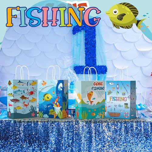 Kosiz 24 pcs Gone Fishing Party Favors Bags Little Fisherman Gift 1st Birthday Goodie Paper Bags Fish Animal Candy Treat Pouch with Handles for Summer Fishing Party Decorations Supplies - style: Fishing