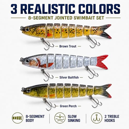 Bass Fishing Lures 3 Pack, 5.2in 8-Segment Jointed Swimbaits, Slow Sinking Hard Baits with Tackle Box, Life-Like Swimming Action for Bass Pike Walleye