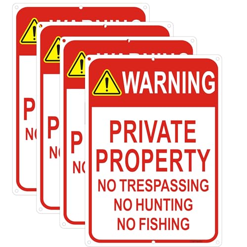 4 Pack Warning - Private Property, No Trespassing, No Hunting Sign 10x14 Inches Reflective Aluminum Signs for Warning No Hunting Fishing Indoor Outdoor - style: 4 Pack-10"x14"