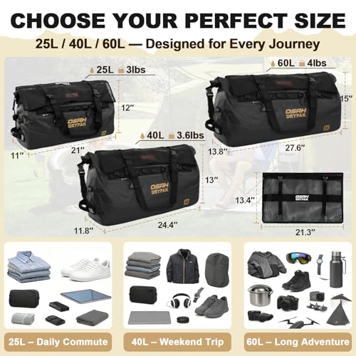 OSAH DRYPAK Waterproof Duffel Bag 25L/40L/60L – Heavy-Duty Motorcycle Tail Bag, Roll-Top Dry Bag for Travel, Camping, Boating, Kayaking, Outdoor Adventure - color: CARBON FIBER, size: 60L