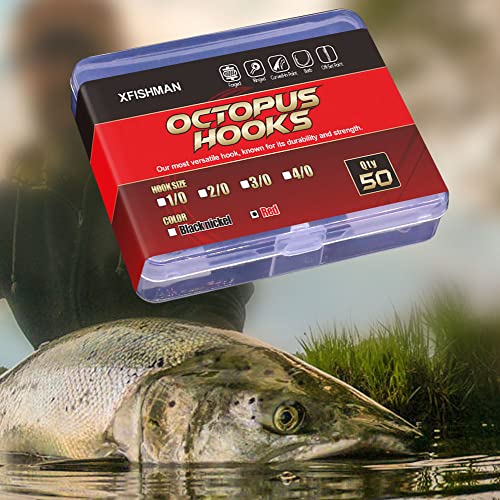 Octopus-Hook-Fishing-Beak-Circle-Hooks-Freshwater-Red-Black-100-50 Pack - color: 1-Red, size: Size:2/0 50-Pack