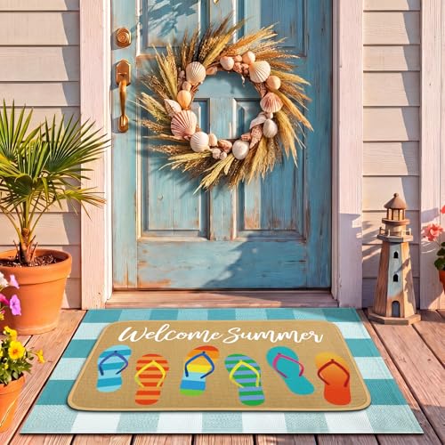 Tinideya 2 Pcs Summer Door Mat Outdoor Flip Flop Welcome Doormat Linen Rubber Layered Beach Rug Non Slip Coastal Blue and White Plaid Rug Farmhouse Summer Decor for Front Porch Entryway Outside - size: 16 x 28 Inch,24 x 35 Inch, style: Welcome Flip Flops