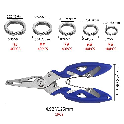 WMYCONGCONG 200 PCS Stainless Steel Fishing Split Rings Double Snap Lure Tackle Connectors with Split Ring Pliers Hook Remover for Fishing Lure Tackle Set