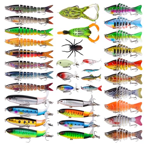 TSKS Fishing Artificial Lures Kit Mixed Including Front Diving Fin Minnow Surface Popper Crank Baits Pencil VIB with Hook and Soft Lures Accessories for Saltwater Freshwater Trout Bass Tackle Gift Set - color: 36pcs