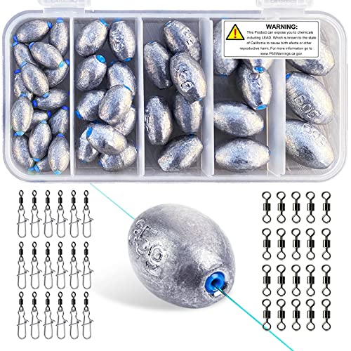 Egg Fishing Sinkers Weights Assortment Lead Oval Shape Bass Casting Worm Bullet Tackle for Saltwater Freshwater Fishing - style: Snap-barrel-swivels