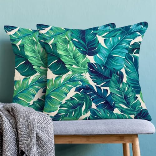 AEIOAE Summer Tropical Leaves Pillow Covers 16 X 16 Inch Set of 2, Green Palm Leaf Decorative Throw Pillow Covers Square Linen Botanical Plant Outdoor Cushion Covers for Couch Home Sofa - color: Palm Leaf, size: 16" x 16" (Pack of 1)