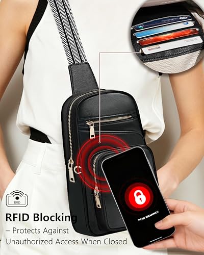 Anti Theft Crossbody Bags for Women RFID Leather Sling Purses,Crossbody Bags Travel Leather Fanny Pack for Women - color: Pure Black
