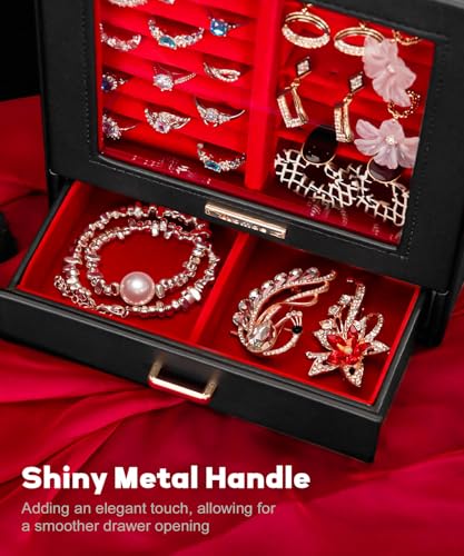 Homde Jewelry Organizer Girls Women Jewelry Box for Necklaces Rings Earrings Gift Bracelets Storage Case (Black + Red + Gold) - color: Black + Red + Gold