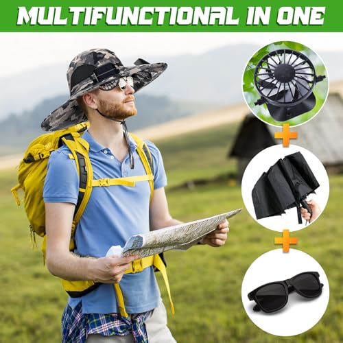 Berlune Sun Hat with 2 Solar Fan Wide Brim Fishing Bucket Hat USB & Solar for Men Women UPF 50+ Cooling for Fishing Beach - color: Gray, size: 5.9 Inch Brim