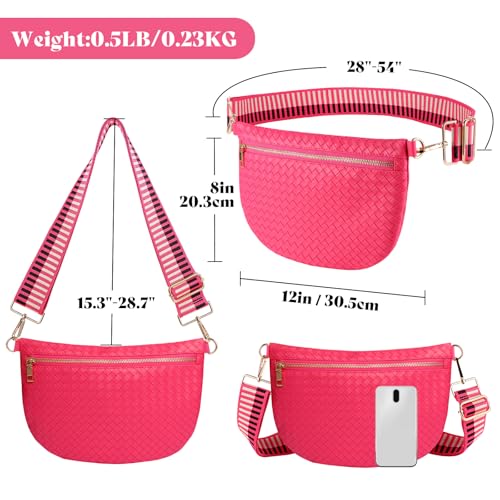 Woven Crossbody Bags for Women Leather Belt Bum Sling Purse Fanny Waist Pack Chest Shoulder Bag for Women-Pink - color: Hot pink