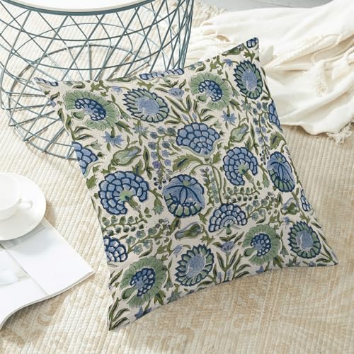 Vintage Boho Pillow Covers 16x16 Set of 2, Navy Blue Sage Green Floral Decor Decorative Throw Pillows Farmhouse Linen Summer Outdoor Cushion Case for Home Couch Sofa Decor - color: Outdoor Flower3, size: 16" x 16" (Pack of 1)