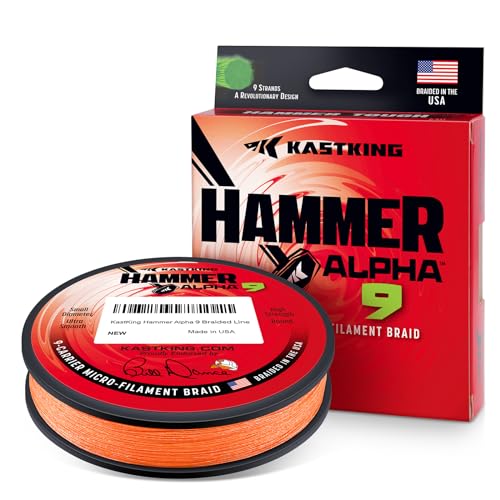 KastKing Hammer Alpha 9 UHMWPE Braided Fishing Line - Made in the USA, Strong and Smooth, Round, 9-Carrier, Colorfast Braided Fishing Line, Perfect for Most Fishing Reel and Finesse Applications - color: ORANGE, size: 8LB-300Yds(0.08mm)