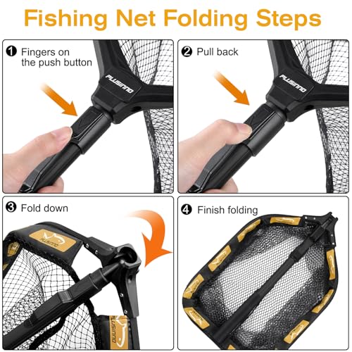 PLUSINNO Floating Fishing Net for Steelhead, Salmon, Fly, Kayak, Catfish, Bass, Trout Fishing, Rubber Coated Foldable Landing Net with Fixed or Telescoping Pole Handle, Fishing Gear and Gifts for Men - color: 11.8"/30cm Hoop Size 1.0M Orange (Telescopic P
