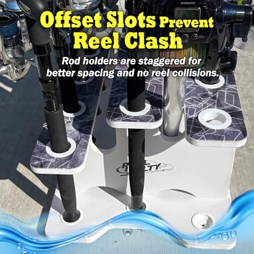 Rush Creek Creations Reel Salty 19-Rod Marine Grade Fishing Pole Holder with Tri-Level Design, UV-Resistant, 100% Waterproof Fishing Rod Holder for Garage and Dock, Blue/White - size: 19-Rod