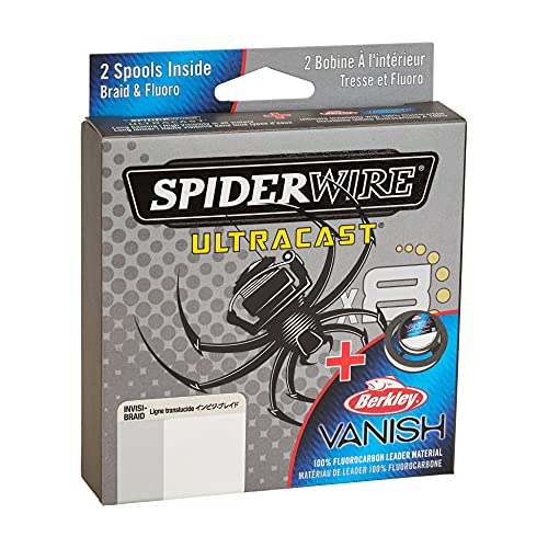 SpiderWire Ultracast Braid Vanish Fluorocarbon Dual Spool, 30lb Translucent Braid with 50lb Clear Fluoro Leader, 164yd | 150m