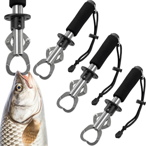 Konohan 3 Pack Fish Lip Gripper with Scale 33lb Stainless Steel Fish Landing Tool with Non-Slip EVA Handle & Wrist Strap for Anglers Fishermen Fishing Bass Trout Pike Catch and Release