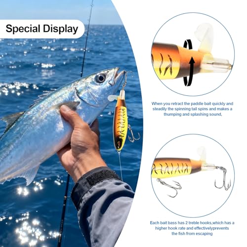 Popper Top Water Fishing Lure: Whopper Fishing Lures with Floating Rotating Tail Barb Treble Hooks Saltwater Freshwater for Bass - color: Multi 1