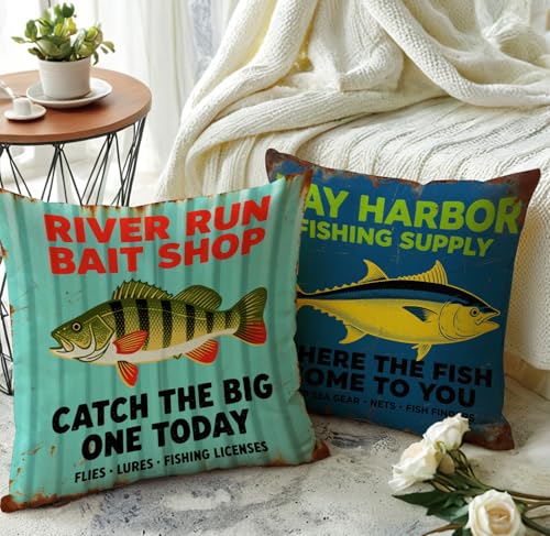 Rustic Fishing Throw Cushion Case 18x18 Inch Bay Harbor Fishing Supply Tuna Pillow Cover for Lake House Cabin Man Cave Couch Sofa Outdoor Fishing Decor Pillowcase (Blue) - color: Blue