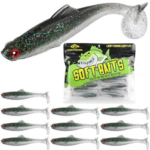 LUCKYFISHING Paddle Tail Swimbaits Soft Plastic Swimbaits Soft Baits for Bass Fishing Trout Crappie Walleye Freshwater Saltwater 10/16/20 PCS Soft Plastic Baits 4/3.5/3/2.5 Inch - color: Black, size: 4 inch-10pcs
