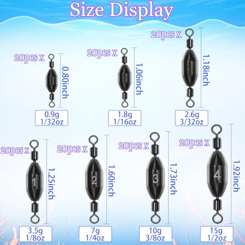 20Pcs Fishing Weights Swivel Brass Sinkers Fishing Weights Saltwater Freshwater Bullet Sinkers Fishing Weight with Swivel Rolling - size: 3/32oz-20pcs