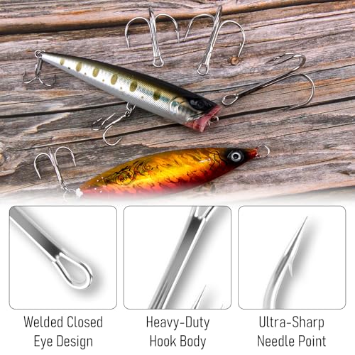 Dr.Fish 30 Pack Round Bend Treble Hooks #16-#8/0, Triple Fishing Hooks Saltwater&Freshwater, Replacement Hardbait Crankbait Spinner Catfish Walleye Trout Salmon Bass Fishing - color: Silver, size: #1/0-30 Pack