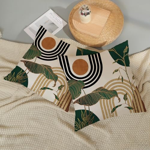 Boho Green Pillow Covers 18x18 Set of 2 Green Gold Leaf Tropical Mid Century Throw Pillows Outdoor Bohemian Modern Decorative Pillowcase Farmhouse Linen Cushion Case for Couch Sofa Decor - color: Mid Century-green, size: 18" x 18" (Pack of 2)