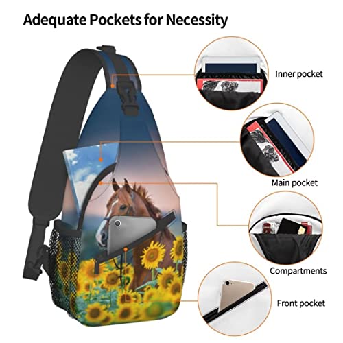 Sunflower Horse Print Sling Bag Crossbody Backpack for Men Women Red Stallion in Bridle Portrait in Sunflowers Chest Bag Casual Sling Shoulder Backpack Travel Hiking Daypack Outdoors - color: Horse in Sunflowers