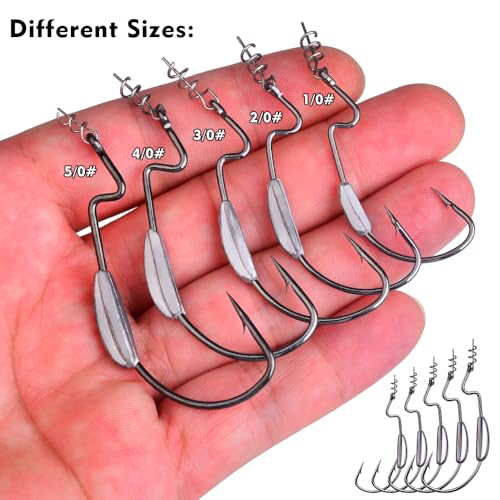Fishing Hooks for Bass Fishing - 100pcs EWG Offset Worm Hook Texas Rig Hooks for Freshwater Saltwater Size 1/0 2/0 3/0 4/0 5/0 - Soft Lures Worms Plastics Bait Fishing Hook with Tackle Box - color: Weighted Offset Worm Hooks, size: 1/0-25pcs