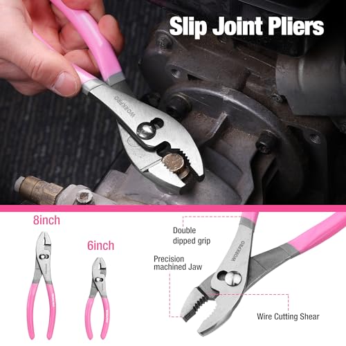 WORKPRO 7-Piece Pliers Set - Pink Ribbon | Groove Joint Plier, Long Nose Plier, Slip Joint Pliers, Linesman Pliers, Diagonal Pliers for DIY & Home Use - color: Gray, Pink
