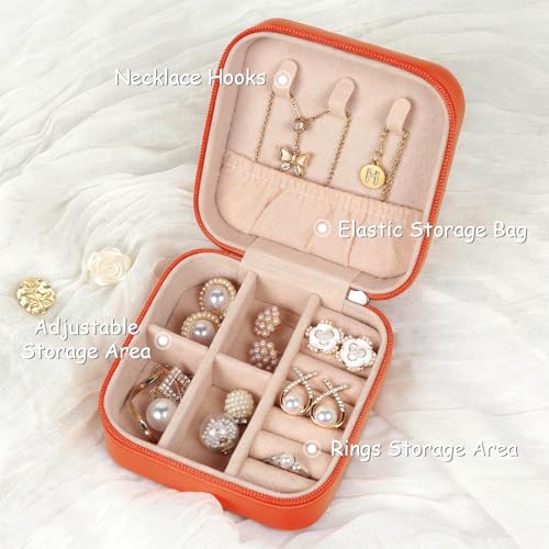 MFXIP Travel Jewelry Case Small Jewelry Box Jewelry Organizer Storage Case Portable PU Leather Mini Jewelry Travel Case for Girls Womens Earring, Necklace, Rings,Bracelets - color: Hermes Orange