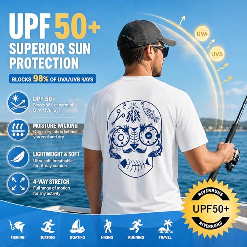 Riverruns Men's Fishing Shirt Short Sleeve UPF 50+ UV Sun Protection T-Shirt Rash Guard Swim Shirt #1024 - color: White / Fishing Gear Combo, size: Large
