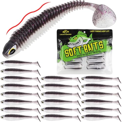 LUCKYFISHING Paddle Tail Swimbaits 10/16/20 PCS Fishing Lures Soft Plastic Lures for Trout Crappie Walleye Soft Baits for Bass Fishing Freshwater Saltwater 4.1/3.5/3/2.5 Inch - color: Purple Pearl, size: 2.5 inch-20pcs