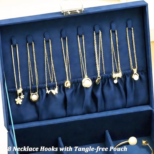 QBestry 3-Layer Jewelry Box for Women with Lock and Key & Drawer, Large Jewelry Organizer with 8 Necklace Hooks & 56 Earring Holes, Navy Velvet Jewelry Storage Box for Necklaces Earrings Ring Bracelet - color: Deep Blue