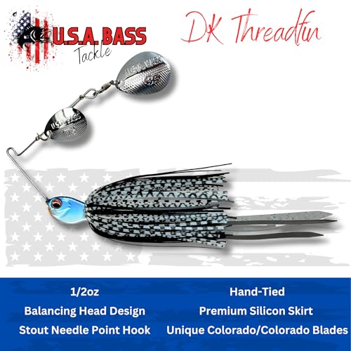 USA BASS Tackle Apache Attack Spinnerbait Type II Largemouth Smallmouth Spotted Bass Premium Fishing Bait Handtied Skirt Custom Blades Heavy Duty Hook New for 2025 - color: DK Threadfin, size: 1/2oz - Colorado/Colorado