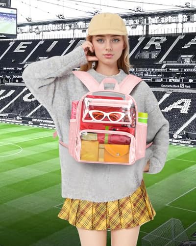 MAY TREE Small Clear Backpack Stadium Approved for Women and Men Clear Bag for Stadium Events Concert Sporting Festival, Princess Pink - color: Pink-1, style: 2 Front Pocket-1