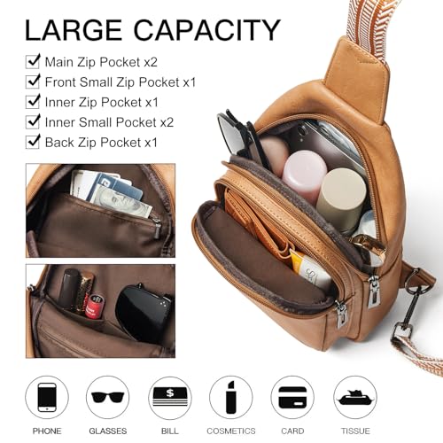 LATMAP 7L Sling Bag for Women Men Crossbody Belt Bag Small Travel Sling Backpack Anti Theft Chest Daypack Purse Faux Leather - color: Tan
